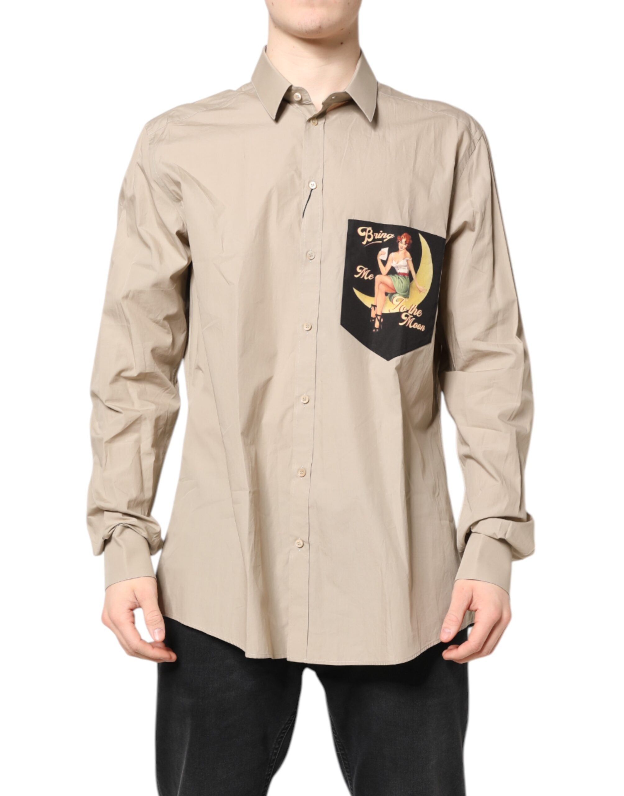 Dolce & Gabbana Beige Pin Up Print MARTINI Men's Casual Shirt